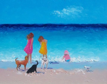  chicas Pintura al %C3%B3leo - niñas y perros en la playa